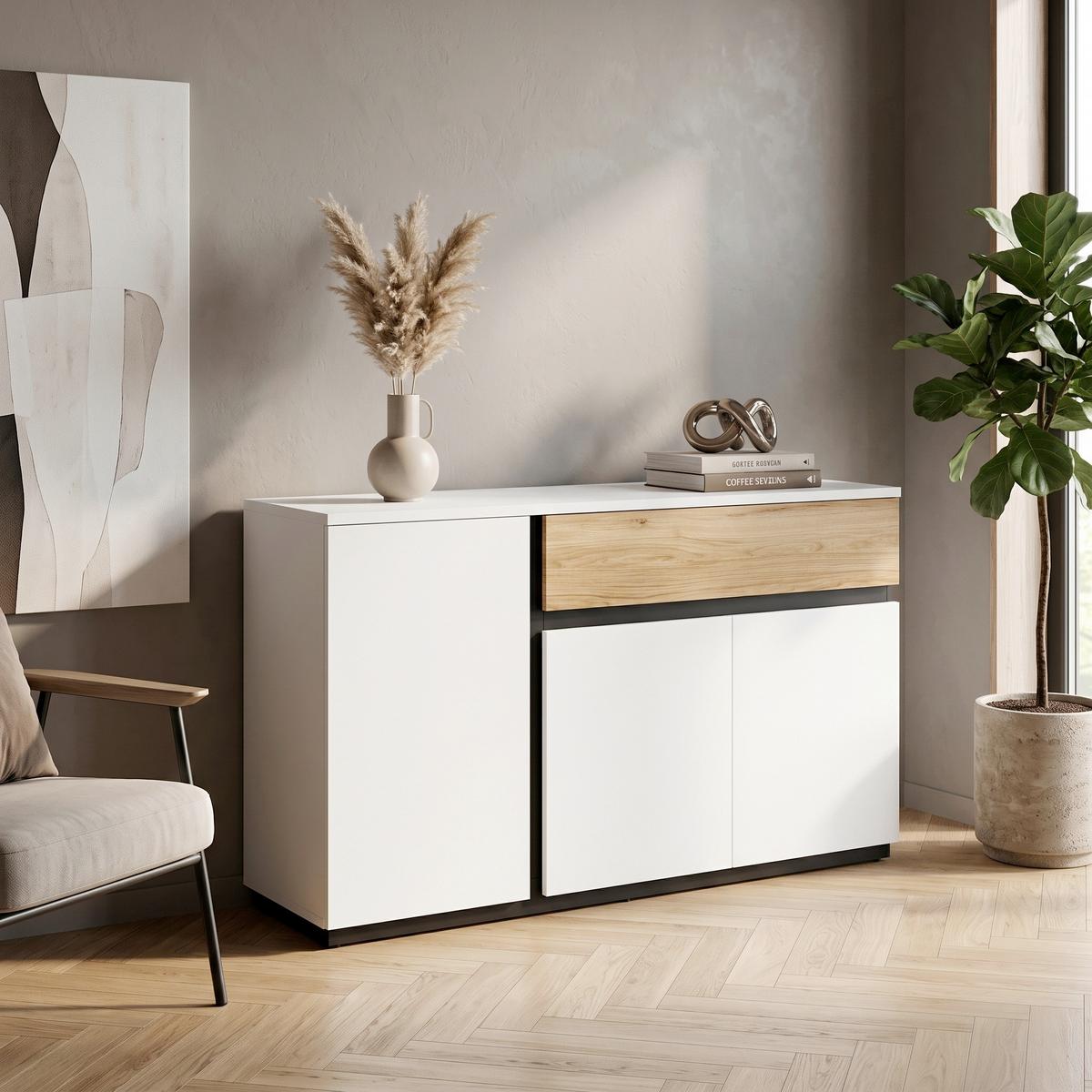 Komoda Novena - bijela/boje hrasta, Trend, drvni materijal/plastika (155/87/40cm) - Modern Living
