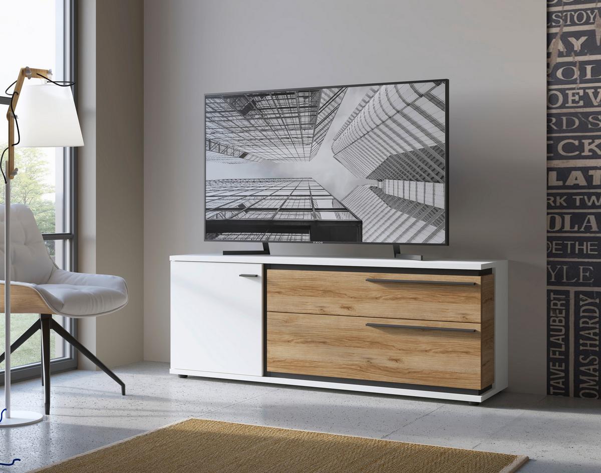 Comodă TV SALINAS - alb/culoare lemn stejar, Trend, material pe bază de lemn (152,7/57,9/40cm) - Modern Living