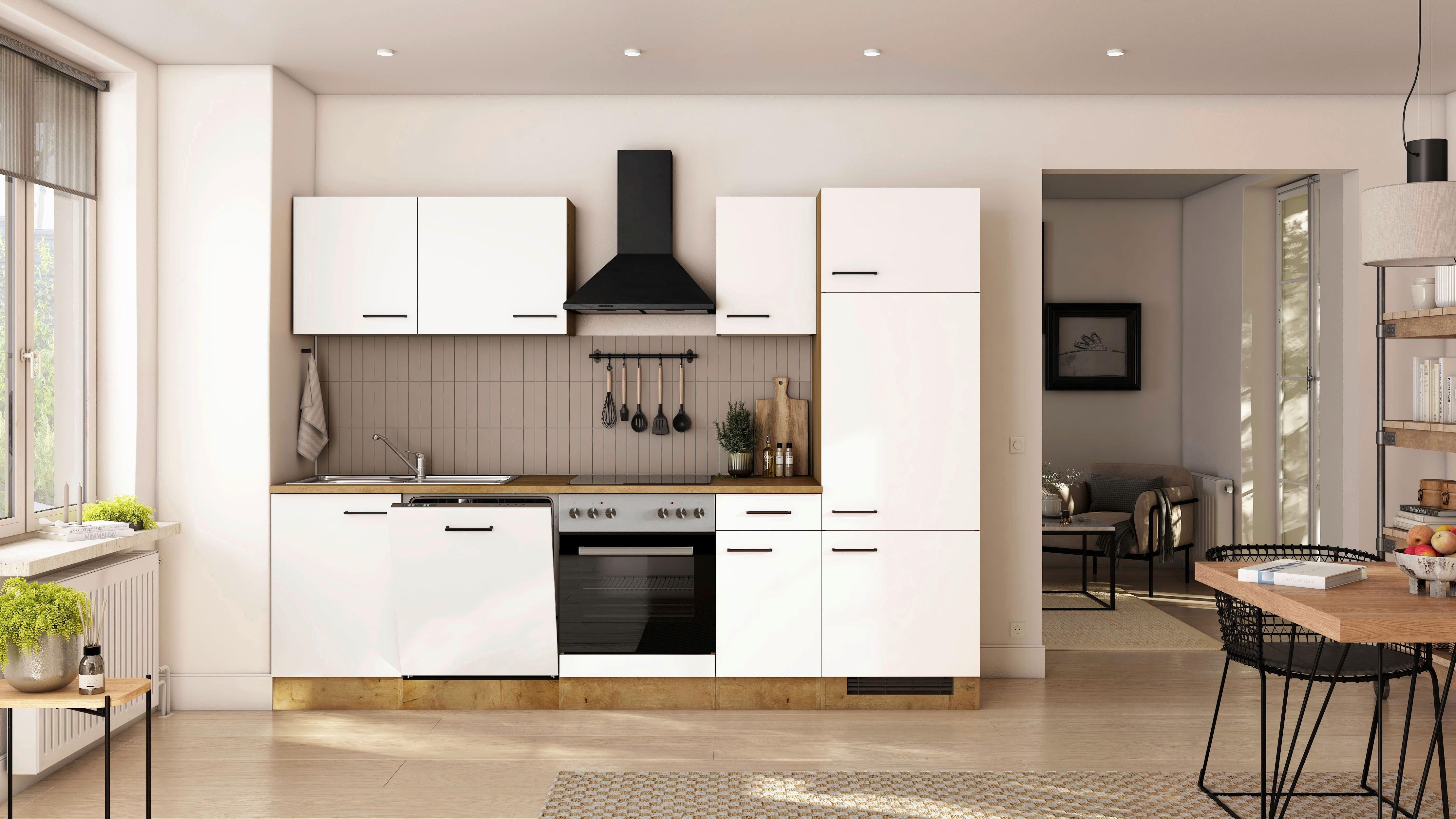 Küchenblock Avila m. Geräten Magnolie - Eichefarben/Magnolie, Trend, Holzwerkstoff/Metall (270cm) - FlexWell