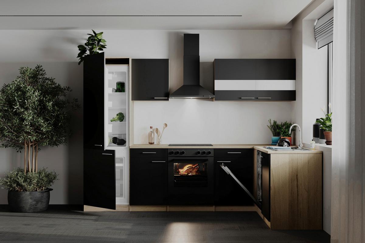 Eckküche Merle m. Geräten ca. 280x172cm Schwarz - Edelstahlfarben/Eichefarben, Basics, Holzwerkstoff/Metall (280/172cm) - Respekta