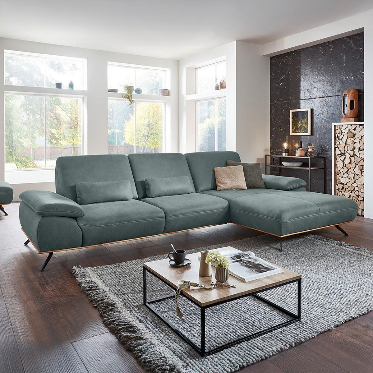 Wohnlandschaft Erling Grün - Beige/Schwarz, MODERN, Leder/Metall (322/89/187cm) - Premium Living