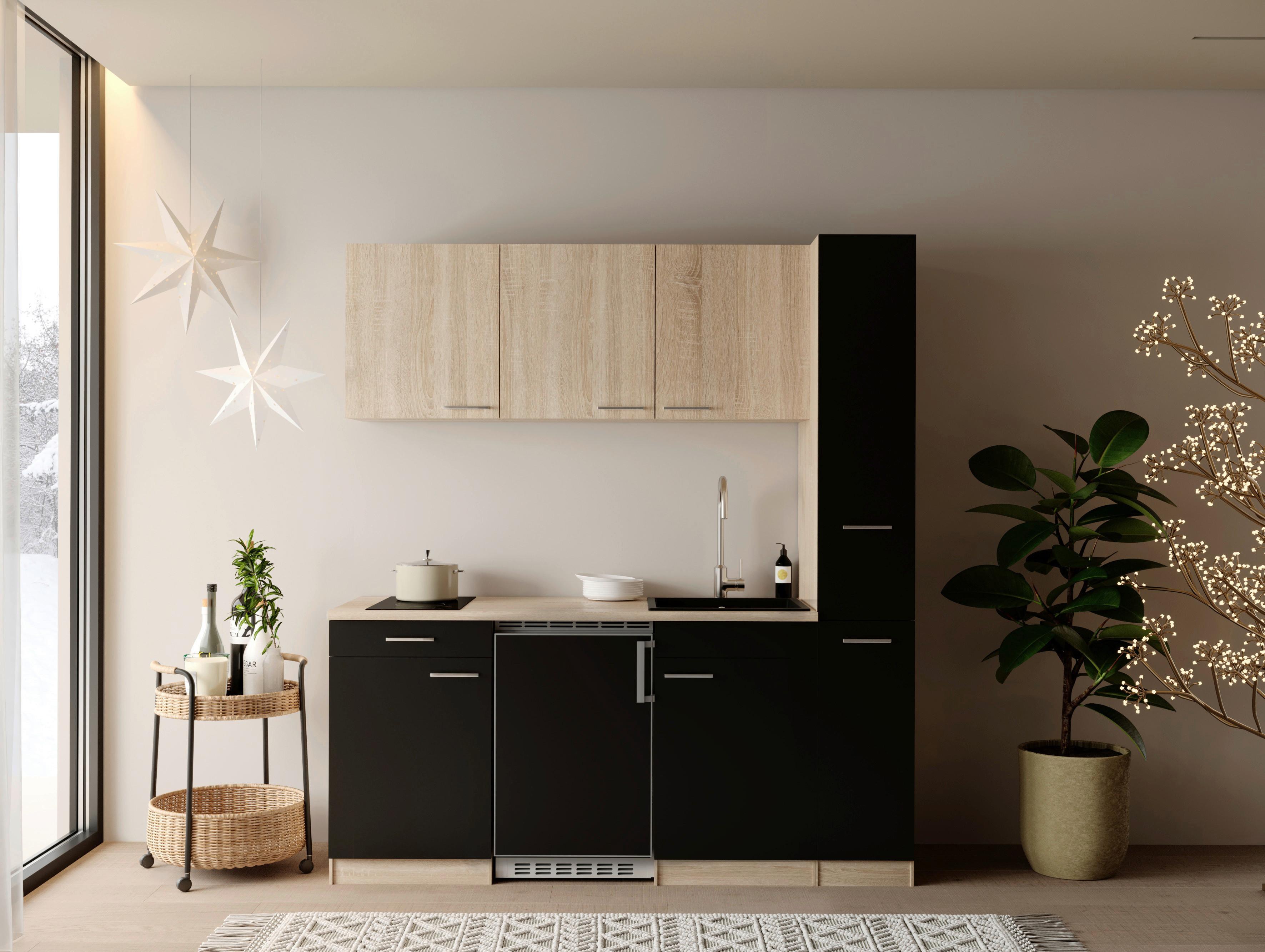 Küchenblock Ingrid m. Geräten Schwarz - Eichefarben/Schwarz, Design, Holzwerkstoff/Kunststoff (180cm) - Respekta