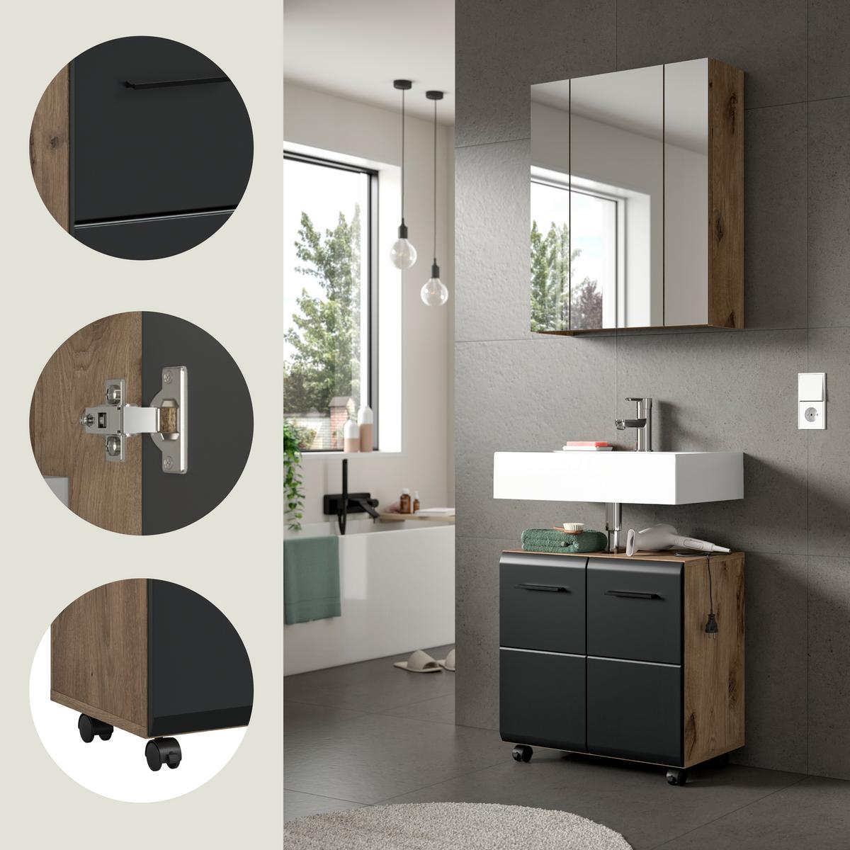 Badezimmer Ice Schwarz/Eiche dunkel 2-teilig - Eiche dunkel/Schwarz, Trend, Glas/Holzwerkstoff (60cm) - MID.YOU