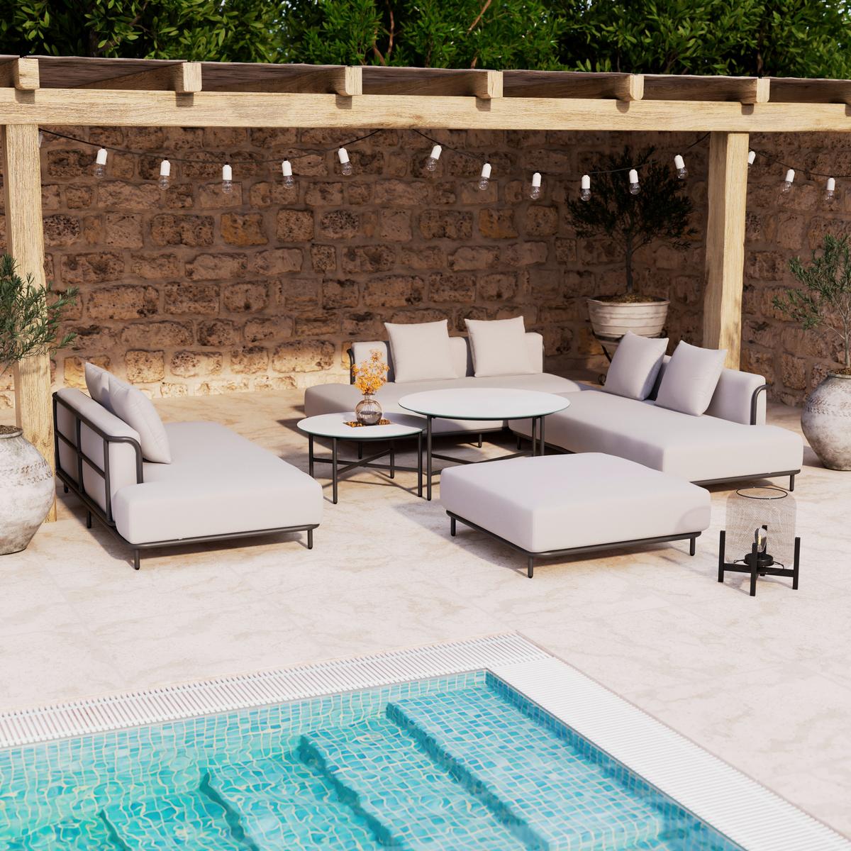 KOMPLET MEBLI TARASOWYCH BERRY - jasnoszary/czarny, Modern, metal/tkanina (167/59/89cm) - Bessagi Garden