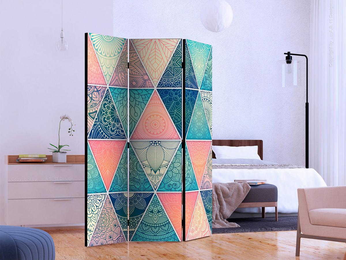 Paravan Oriental Triangles, 3-Delni, Dvostranski - turkizna/večbarvno, Basics, tekstil/les (135/172/3cm) - artgeist