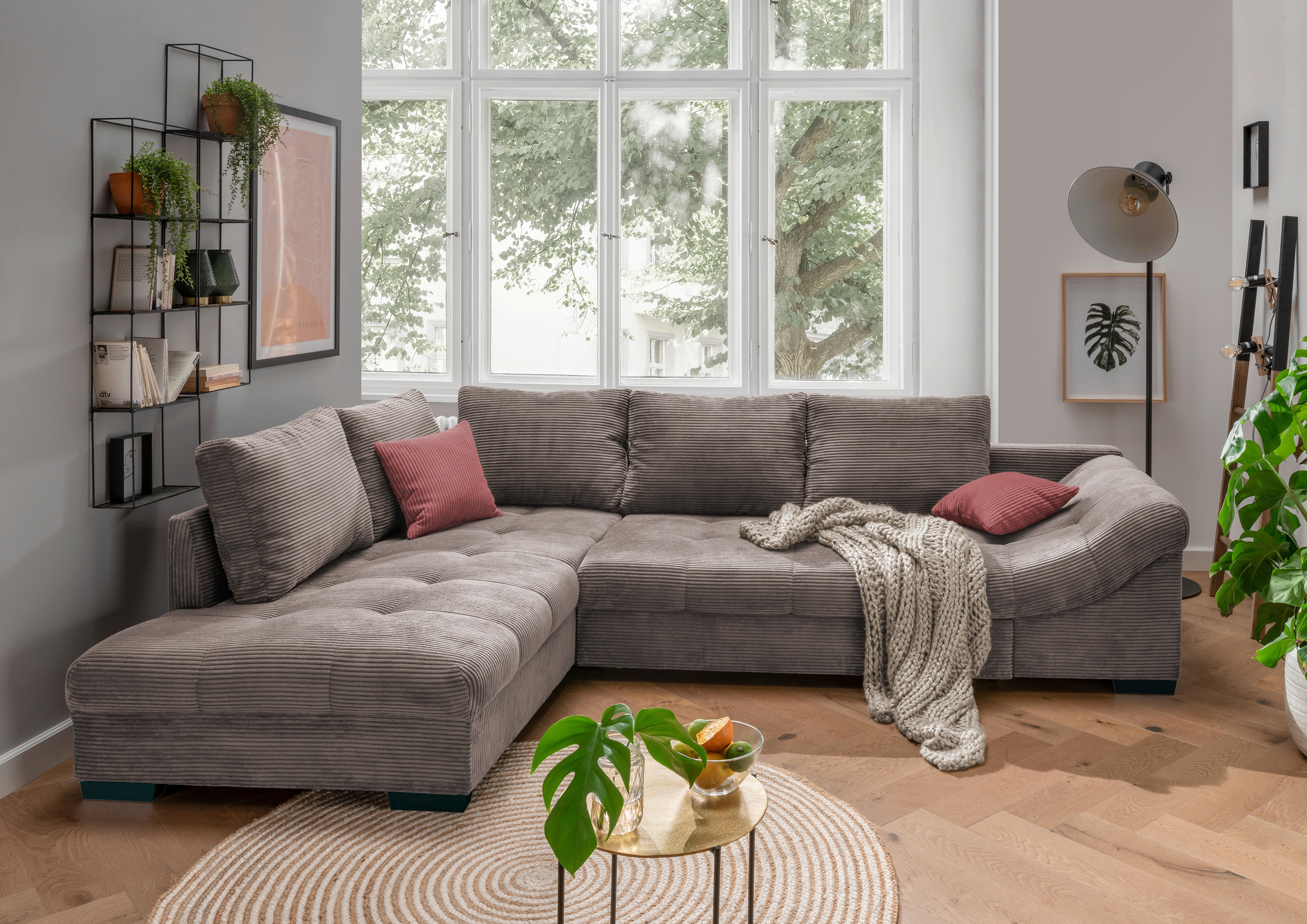 Wohnlandschaft Alvito Braun/Grau Cord - Taupe/Koralle, Design, Holz/Textil (202/298cm) - MID.YOU