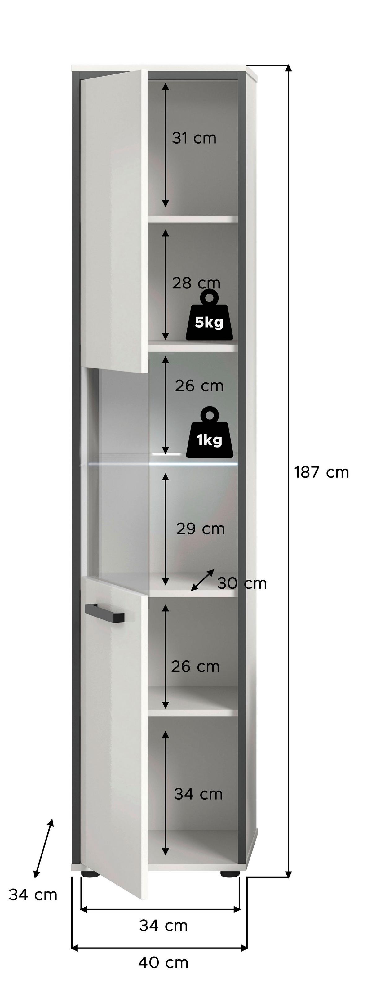 Hochschrank Kojak Weiß/Anthrazit m. LED - Weiß Hochglanz/Schwarz, MODERN, Holzwerkstoff/Kunststoff (40/188/34cm) - MID.YOU