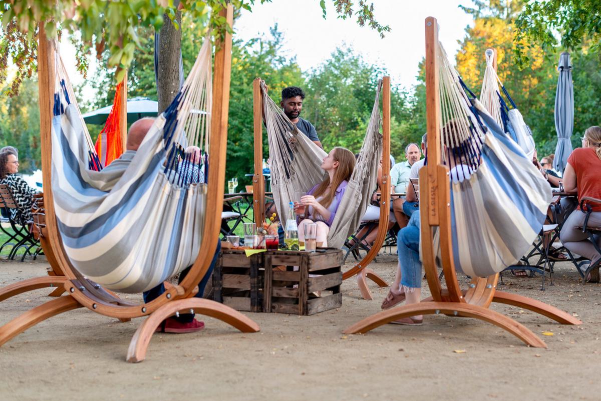 Hängematte Hammock Echtholz Blau/Weiß - Blau/Eukalyptusholzfarben, KONVENTIONELL, Holz/Textil (100/152/92cm) - La Siesta