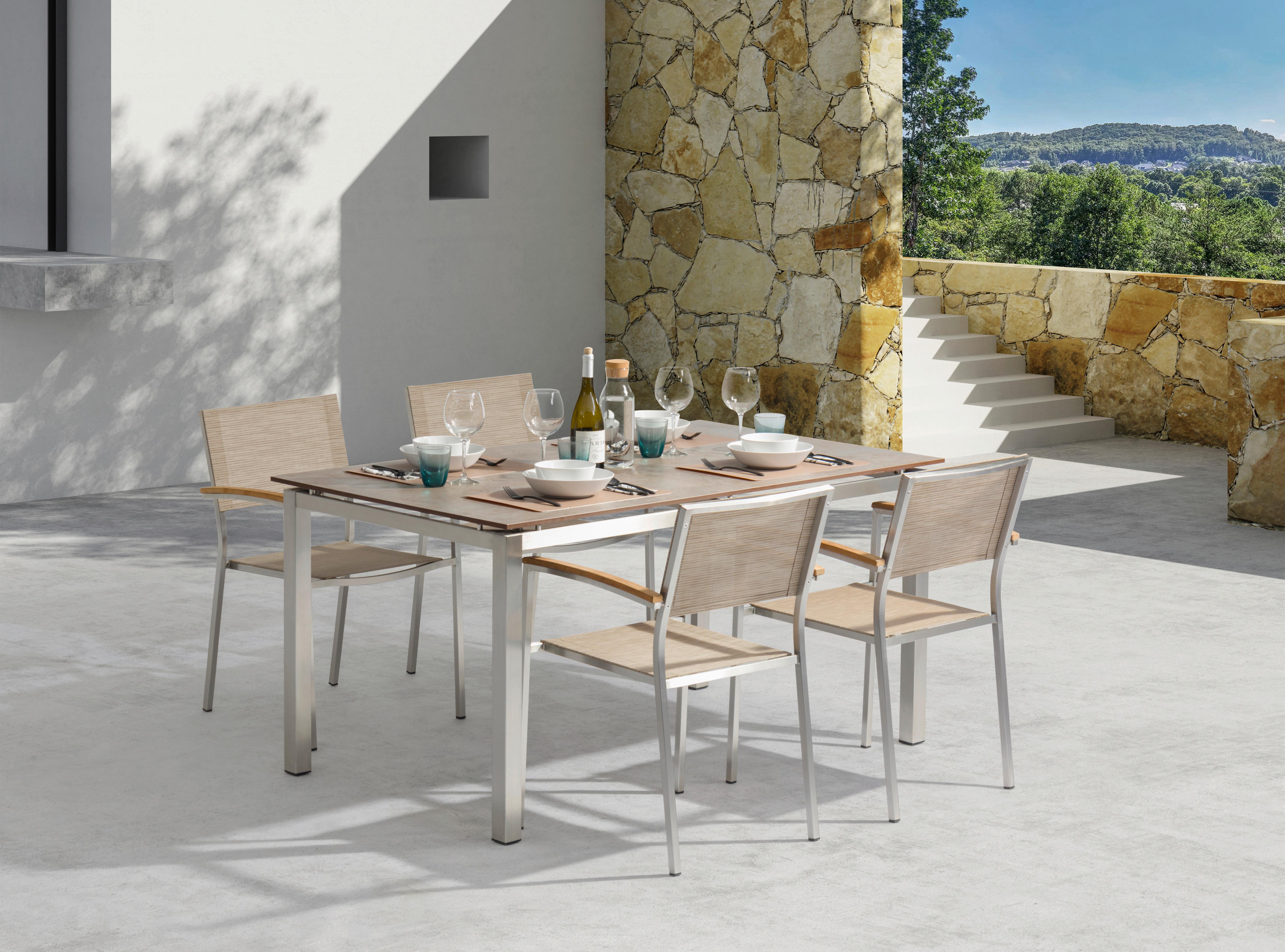 Gartengarnitur 5-tlg. Skye Metall/Textil - Platinfarben/Braun, Basics, Holzwerkstoff/Textil (150/75/90cm) - Gardenson