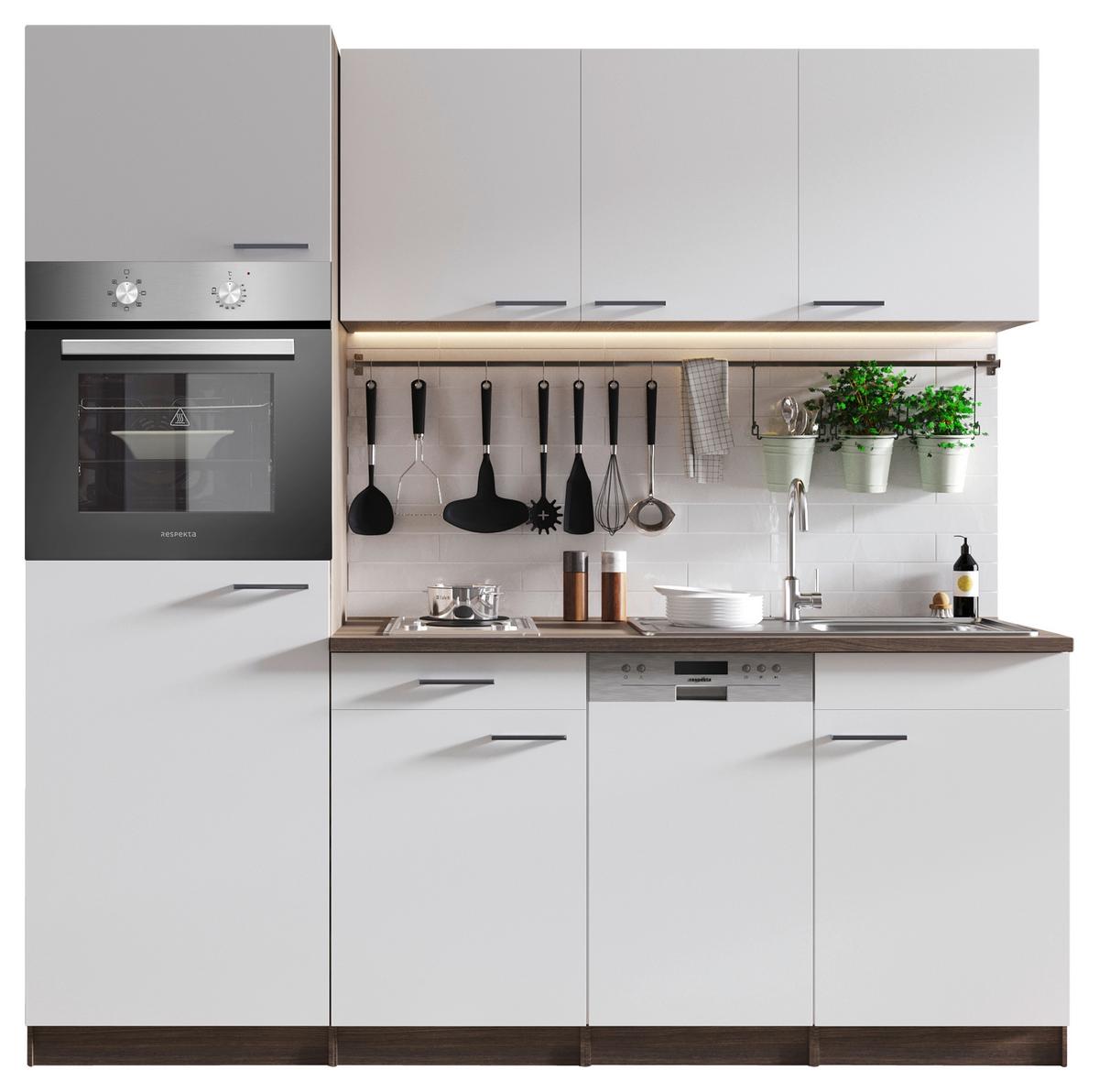 Küchenblock Oliver mit Geräten ca. 205 cm Weiß - Eichefarben/Alufarben, Basics, Holzwerkstoff/Kunststoff (205cm) - Respekta