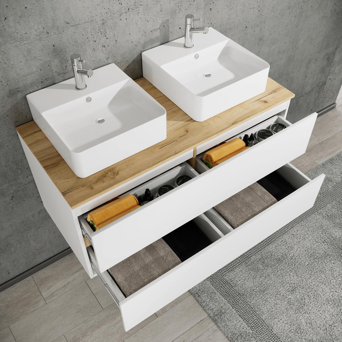 Badezimmer Cosila - Honigeiche/Weiss, Trend, Keramik/Holzwerkstoff (111cm) - MID.YOU