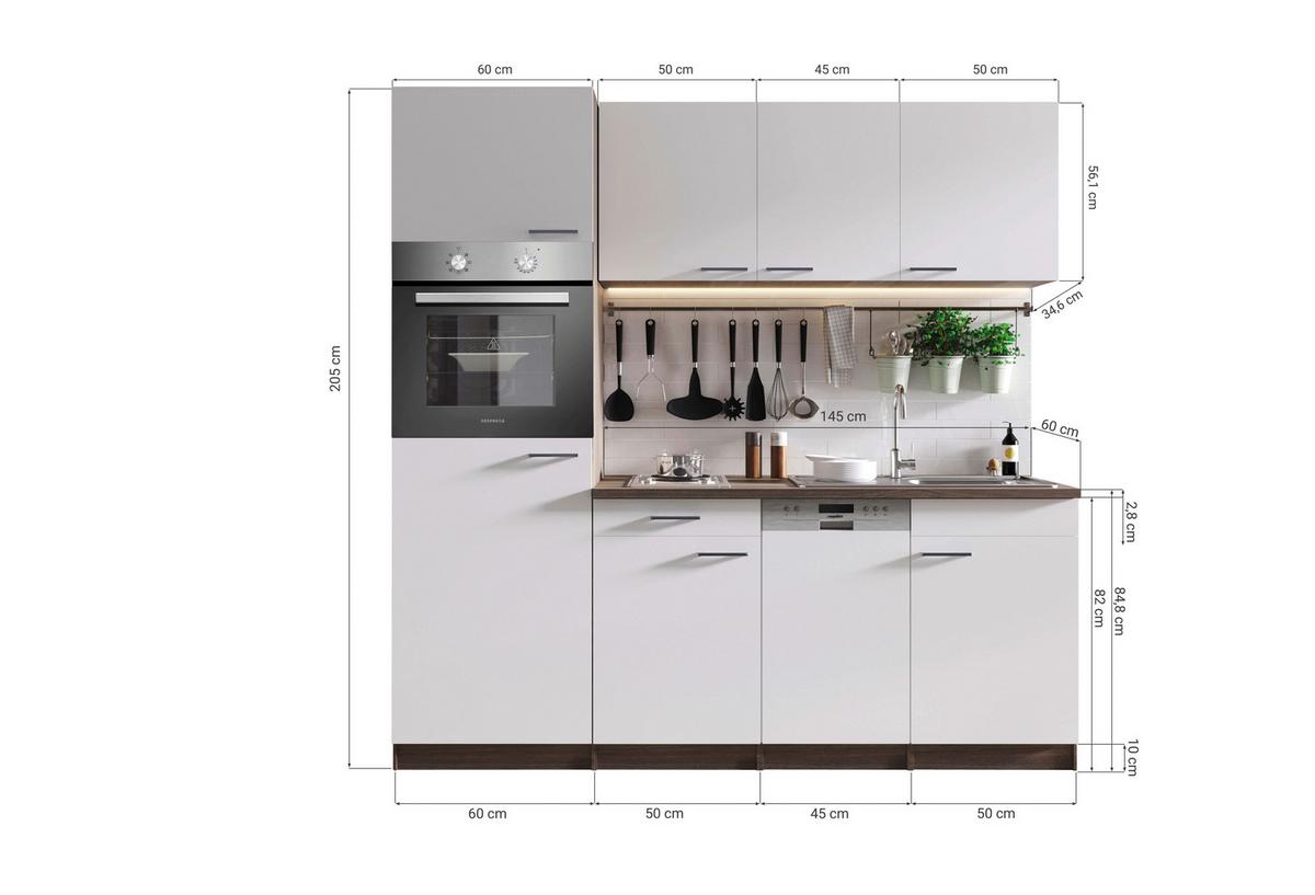 Küchenblock Oliver mit Geräten ca. 205 cm Grau - Eichefarben/Alufarben, Basics, Holzwerkstoff/Kunststoff (205cm) - Respekta