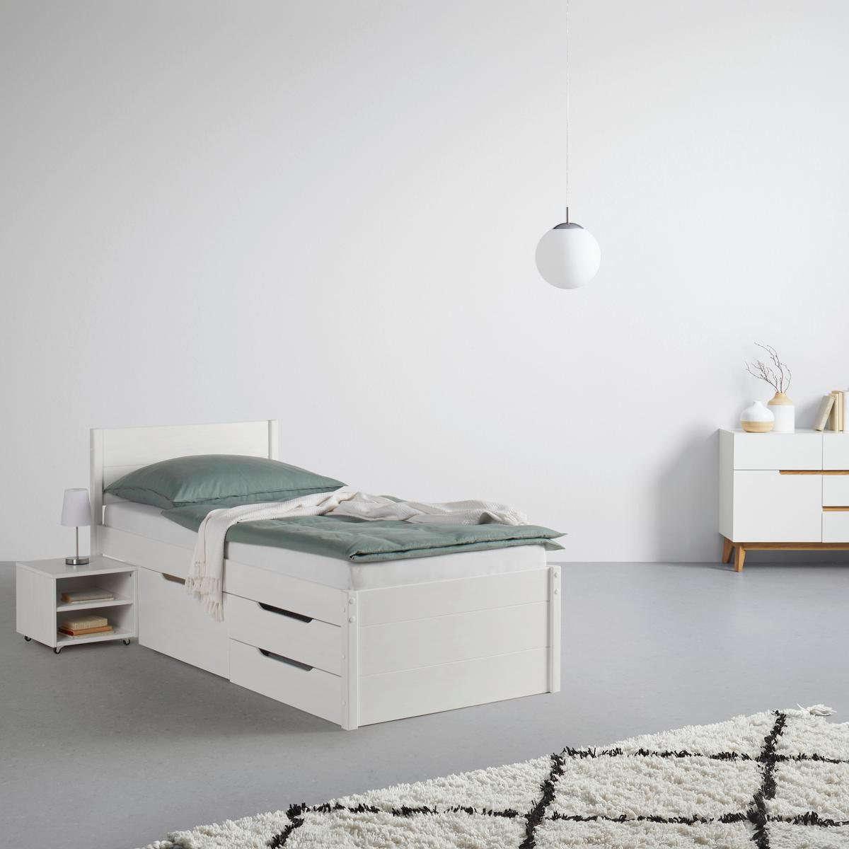 Stauraumbett in Weiß ca. 90x200cm - Weiss/Naturfarben, Konventionell, Holz (90/200cm) - Zandiara