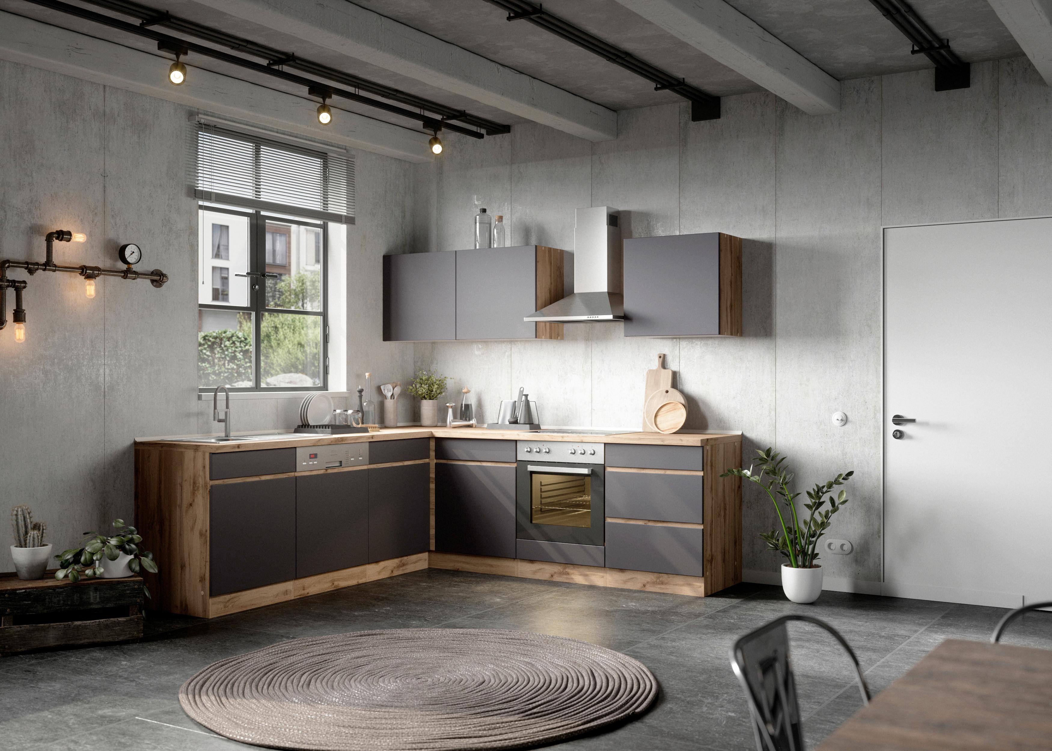 Eckküche Turin mit Geräten ca. 240x240 cm Grau/Eiche - Eiche Wotan/Grau, Design, Holzwerkstoff (240/240cm) - Held