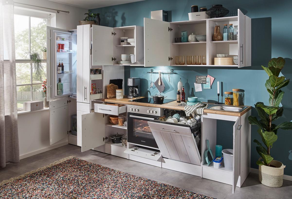 Küchenblock Anton Landhaus ohne Geräte ca. 310 cm Weiß - Wildeiche/Edelstahlfarben, Basics, Holzwerkstoff/Metall (310cm) - Respekta