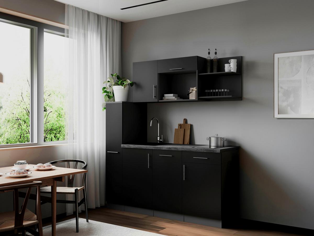 Küchenblock Oliver m. Geräten Schwarz - Schwarz/Grau, Trend, Holzwerkstoff/Metall (175cm) - Respekta