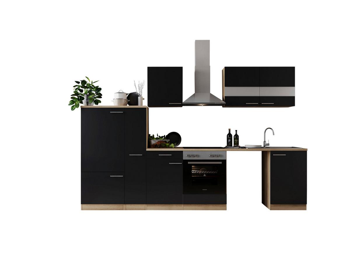 Küchenblock Merle m. Geräten Schwarz - Edelstahlfarben/Eichefarben, Basics, Glas/Holzwerkstoff (310cm) - Respekta