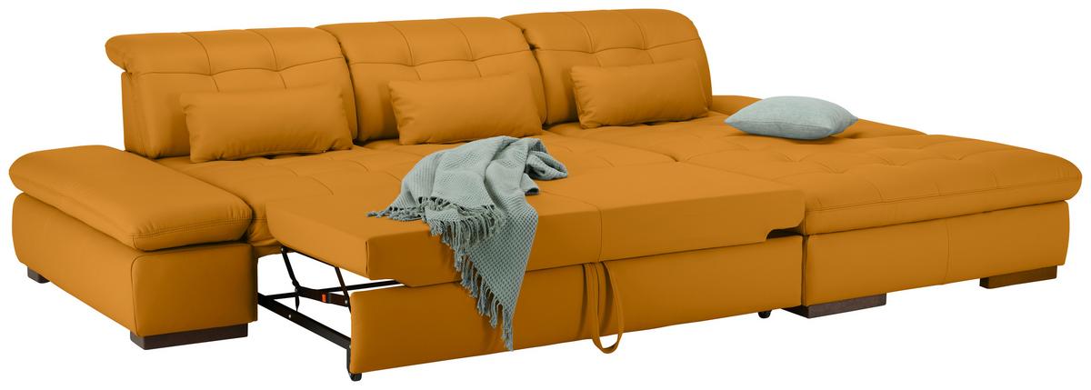 Wohnlandschaft Sanfino Leder Gelb - Chromfarben/Gelb, KONVENTIONELL, Leder/Metall (305/79-96/199cm) - Premium Living