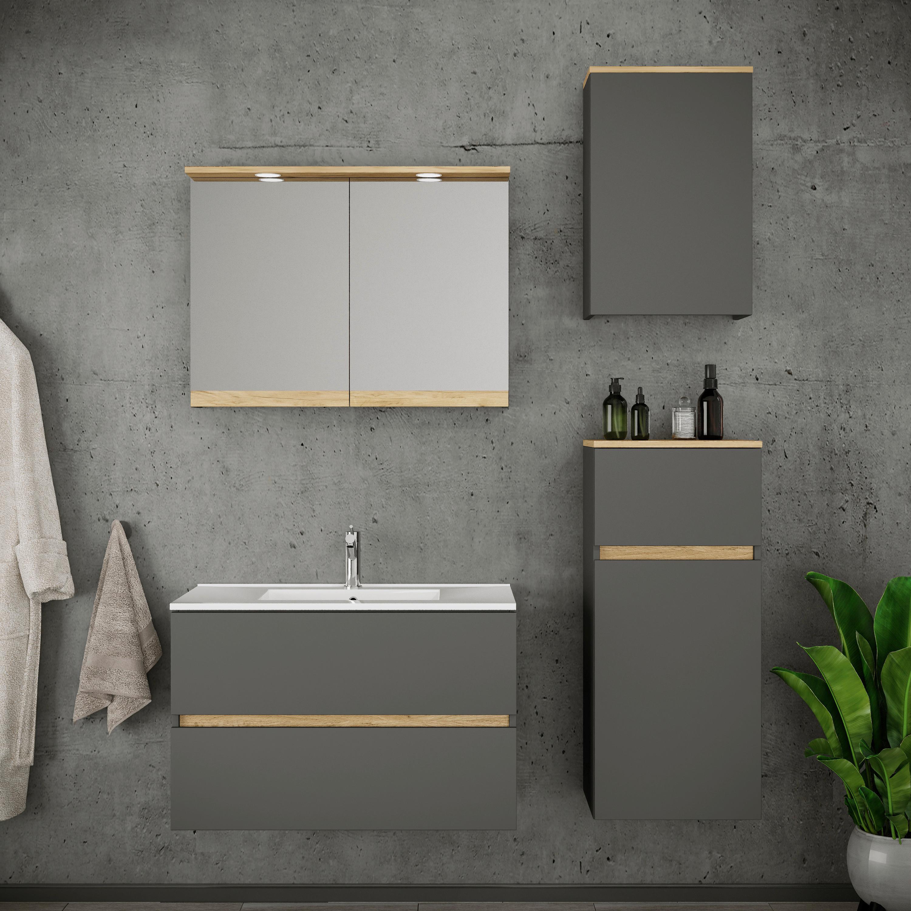 Badezimmer Cosila - Honigeiche/Weiss, Trend, Keramik/Holzwerkstoff (121cm) - MID.YOU