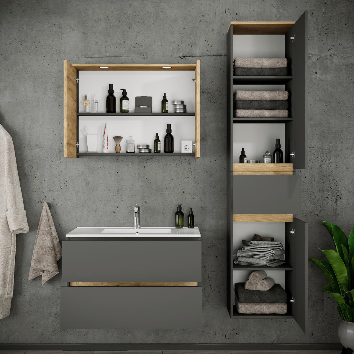 Badezimmer Cosila - Honigeiche/Weiss, Trend, Keramik/Holzwerkstoff (121cm) - MID.YOU