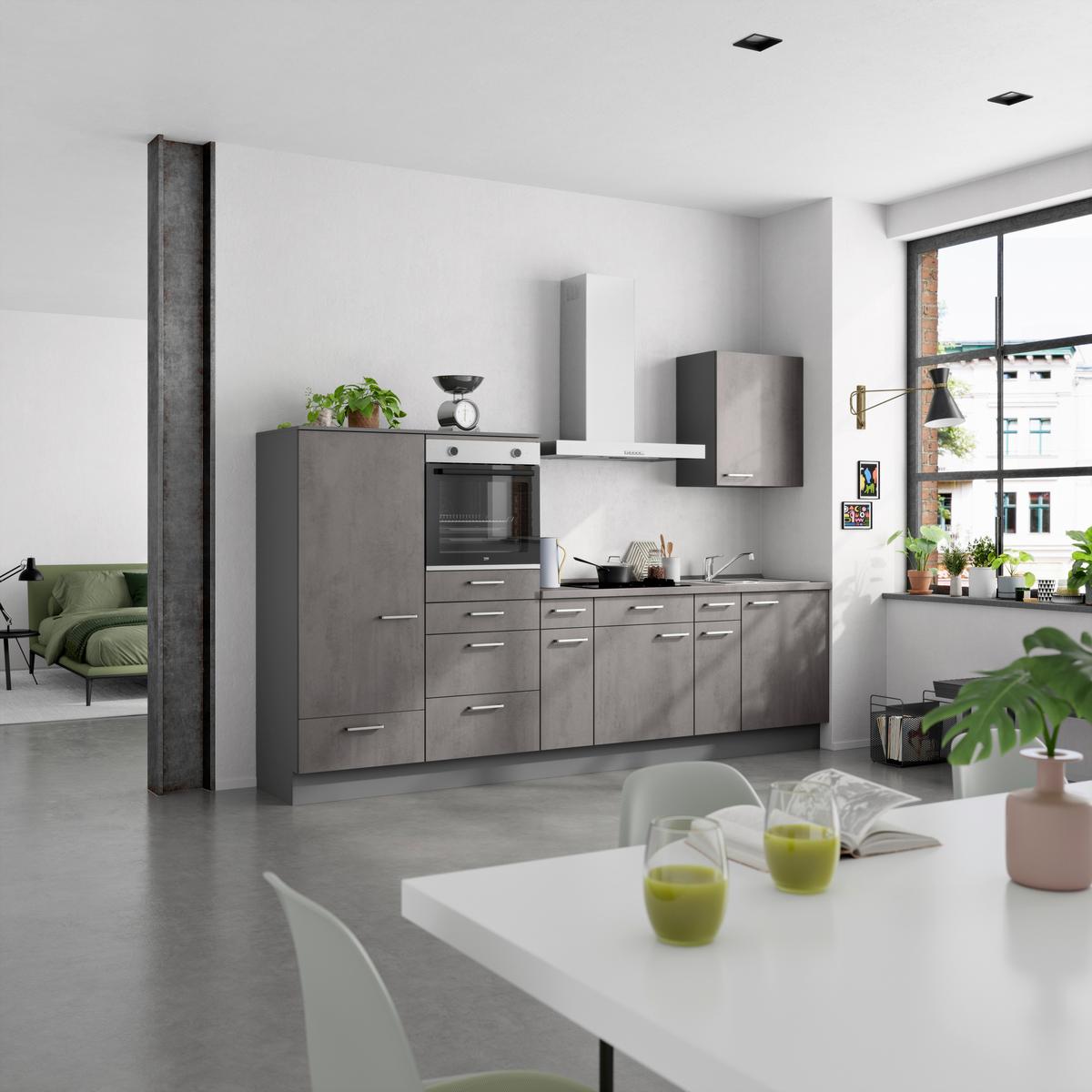 Küchenblock Riva Low m. Geräten Schieferfarben - Schieferfarben/Edelstahlfarben, MODERN, Holzwerkstoff/Metall (300cm) - Nobilia