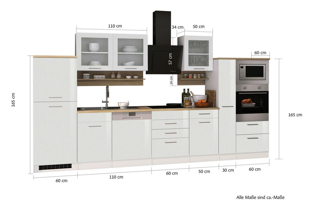 Küchenblock Mailand m. Geräten Weiß Hochglanz - Weiß Hochglanz/Silberfarben, MODERN, Glas/Holzwerkstoff (370cm) - Held
