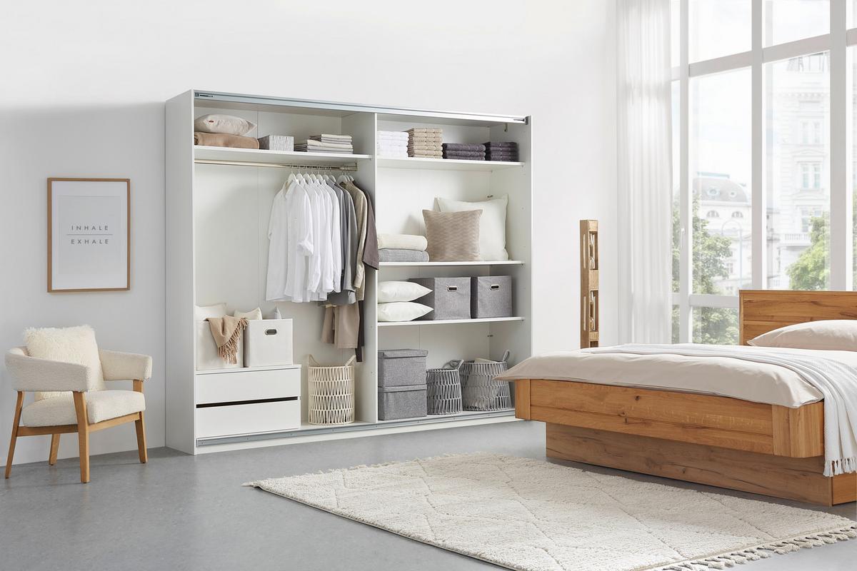 Schwebetürenschrank in Weiss/Eiche - Weiss Hochglanz/Weiss, Konventionell, Holzwerkstoff (276/230/54cm) - Premium Living
