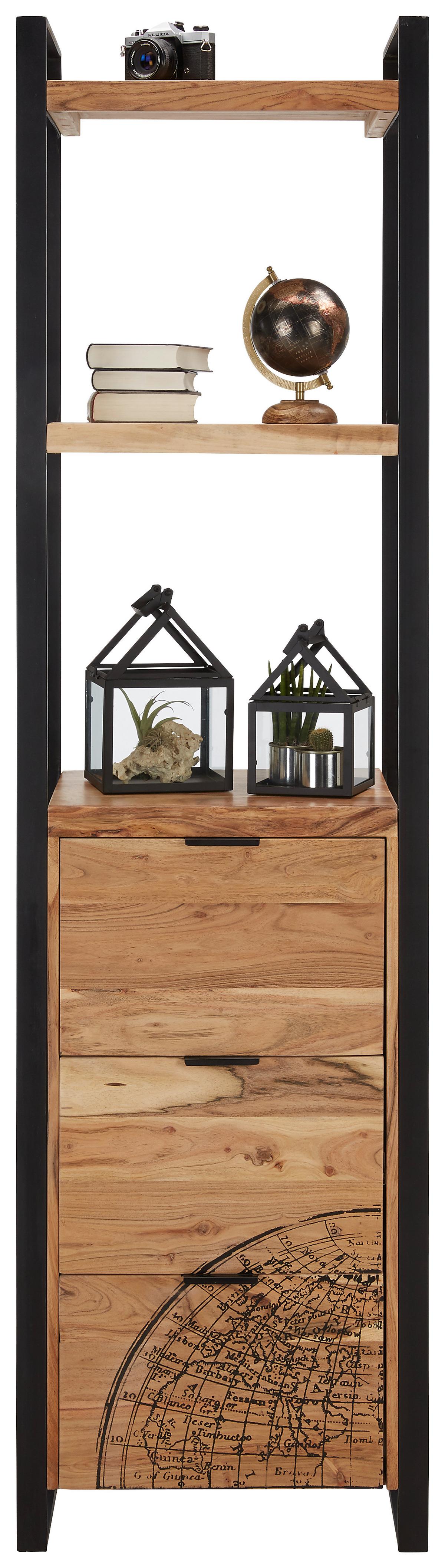 Polc Akácfa 3 Fiók 2 Polclap Globe - natúr színű/fekete, Lifestyle, fém/fa (55/200/41cm) - Mömax