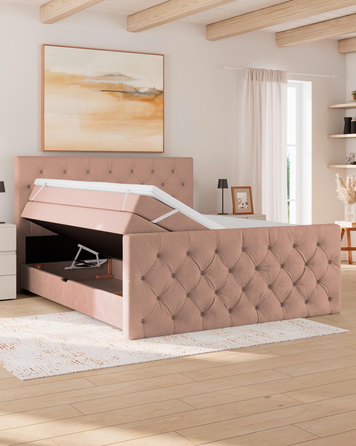 Boxspring Krevet Elio - bež/prljavo ružičasta, Romantično / ladanjski, tekstil/plastika (160/200cm) - Modern Living