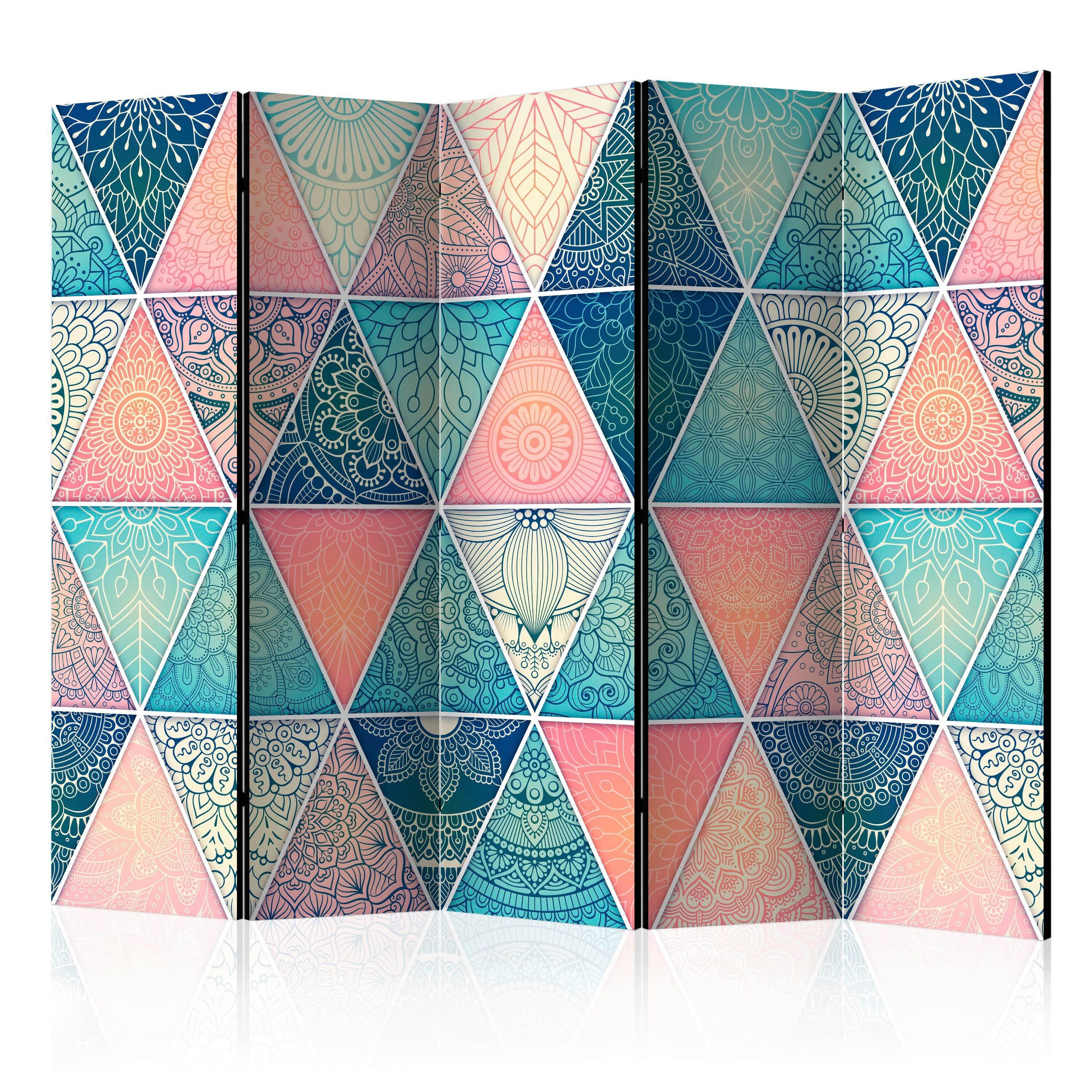 Paravan Oriental Triangles I, 5-Delni, Dvostranski - turkizna/večbarvno, Basics, tekstil/les (225/172/3cm) - artgeist