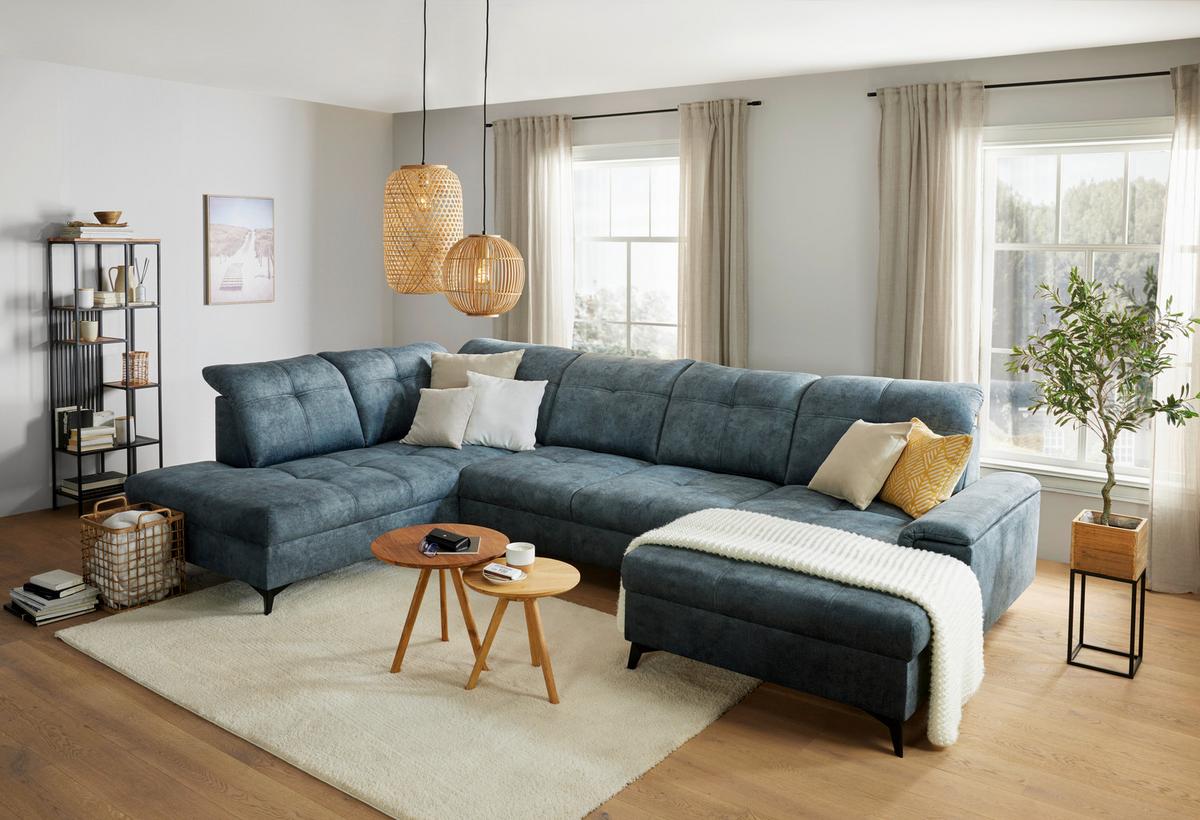 Wohnlandschaft Sierra in Dunkelblau - Blaugrau/Schwarz, MODERN, Textil/Metall (230/364/181cm) - Mömax