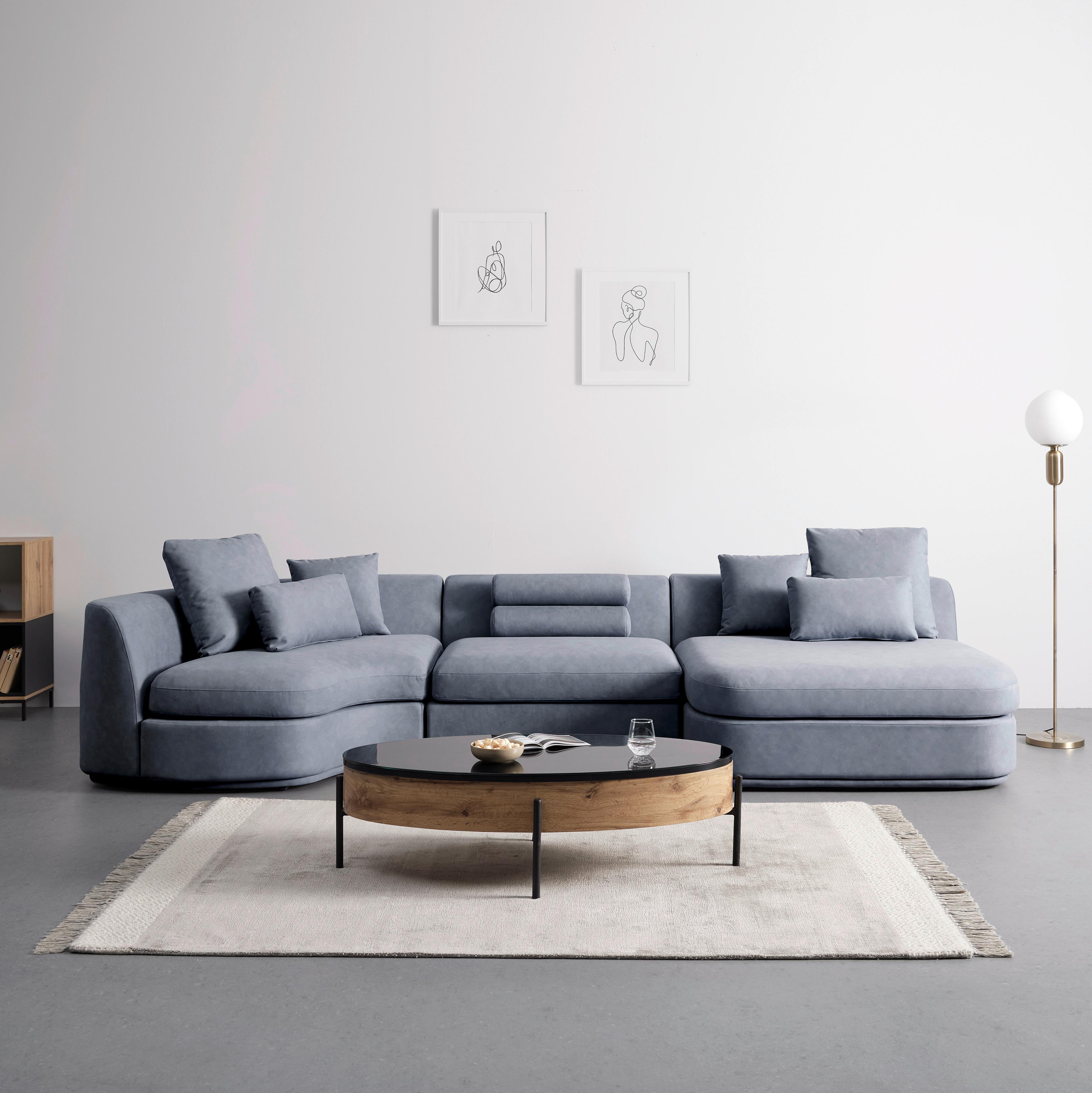 Wohnlandschaft Anna Grau Velours - Blau/Weiß, MODERN, Holz/Kunststoff (360/71/134cm) - Bessagi Home