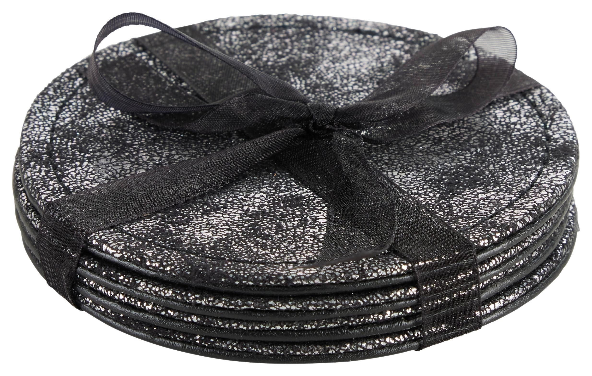 Poháralátétszett Glamour - fekete/ezüstszínű, Modern, műanyag/bőr (10cm) - Modern Living