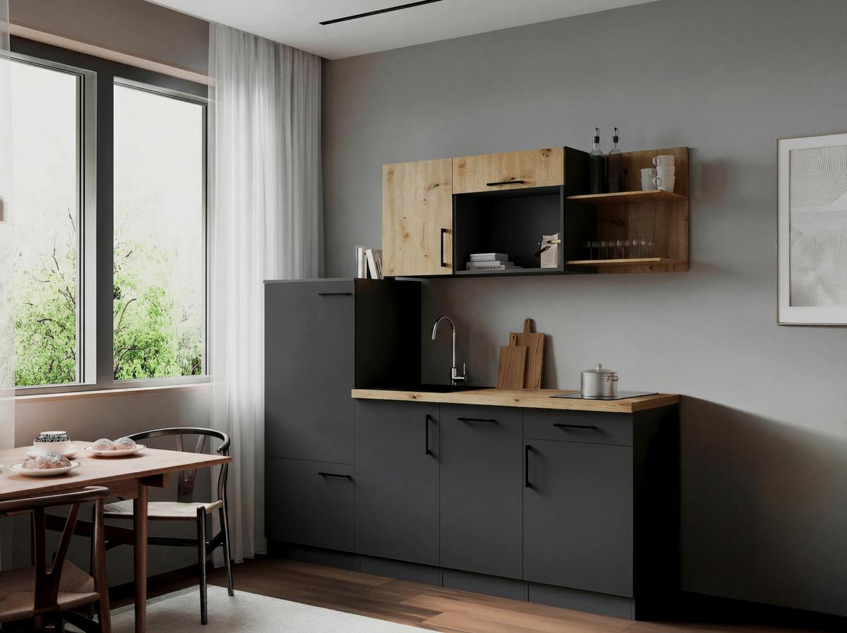 Küchenblock Oliver m. Geräten Grau - Eiche Artisan/Grau, Trend, Holzwerkstoff/Metall (205cm) - Respekta