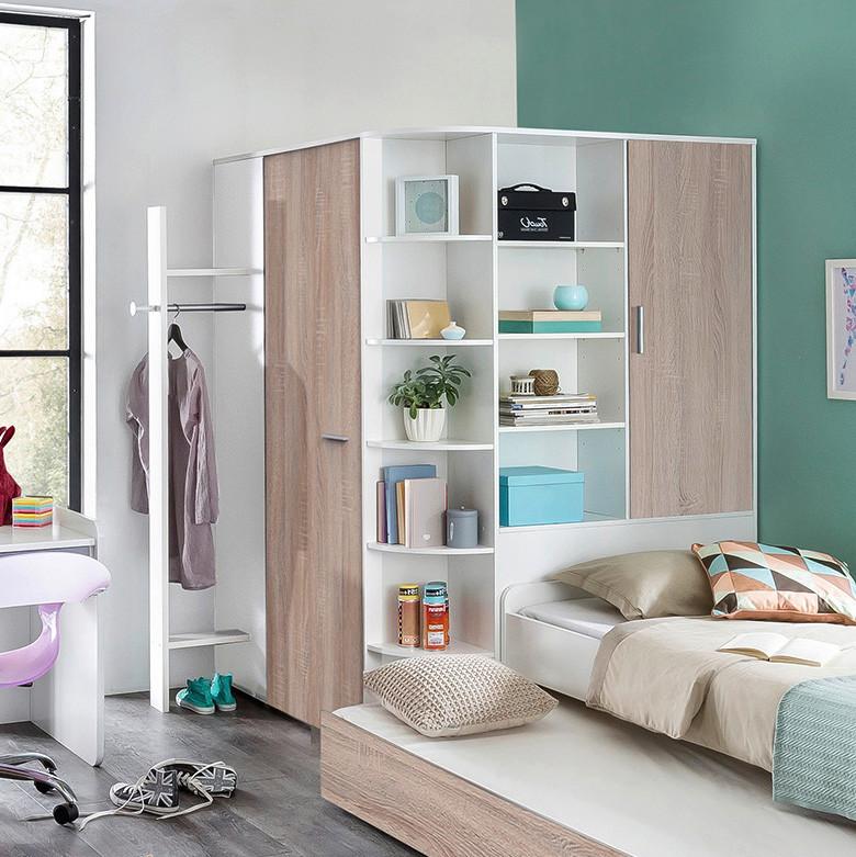 Eckschrank Young Weiß/Eichefarben - Eichefarben/Alufarben, KONVENTIONELL, Holzwerkstoff/Kunststoff (124/198/148cm) - Mömax