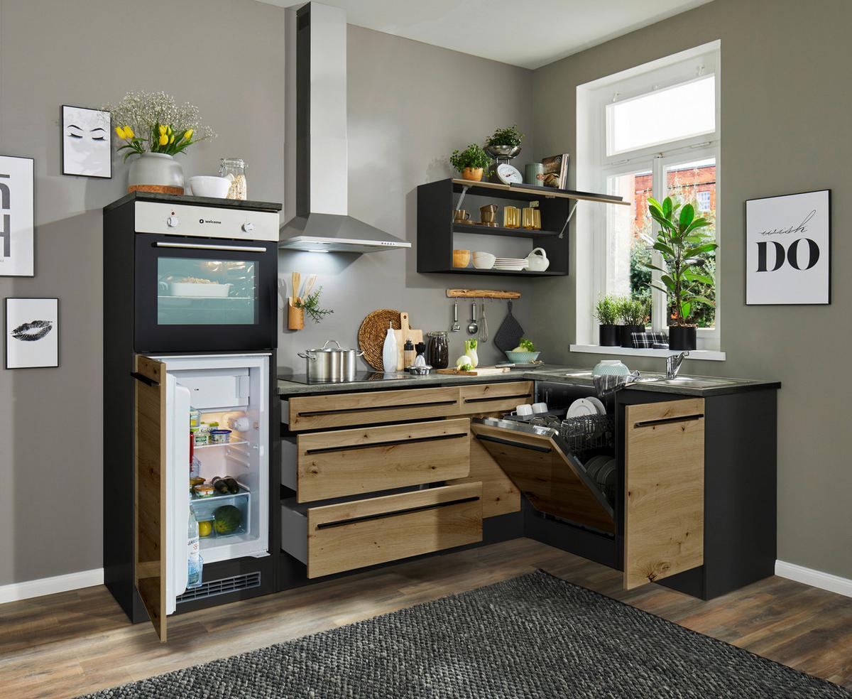 Eckküche Jazz mit Geräten ca.260x175cm Eiche/Anthrazit - Anthrazit/Schwarz, KONVENTIONELL, Holzwerkstoff/Kunststoff (260/175cm) - P & B
