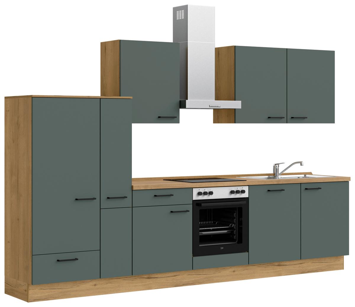 Küchenblock Easytouch m. Geräten Dunkelgrün - Dunkelgrün/Eichefarben, MODERN, Holzwerkstoff/Metall (330cm) - Nobilia