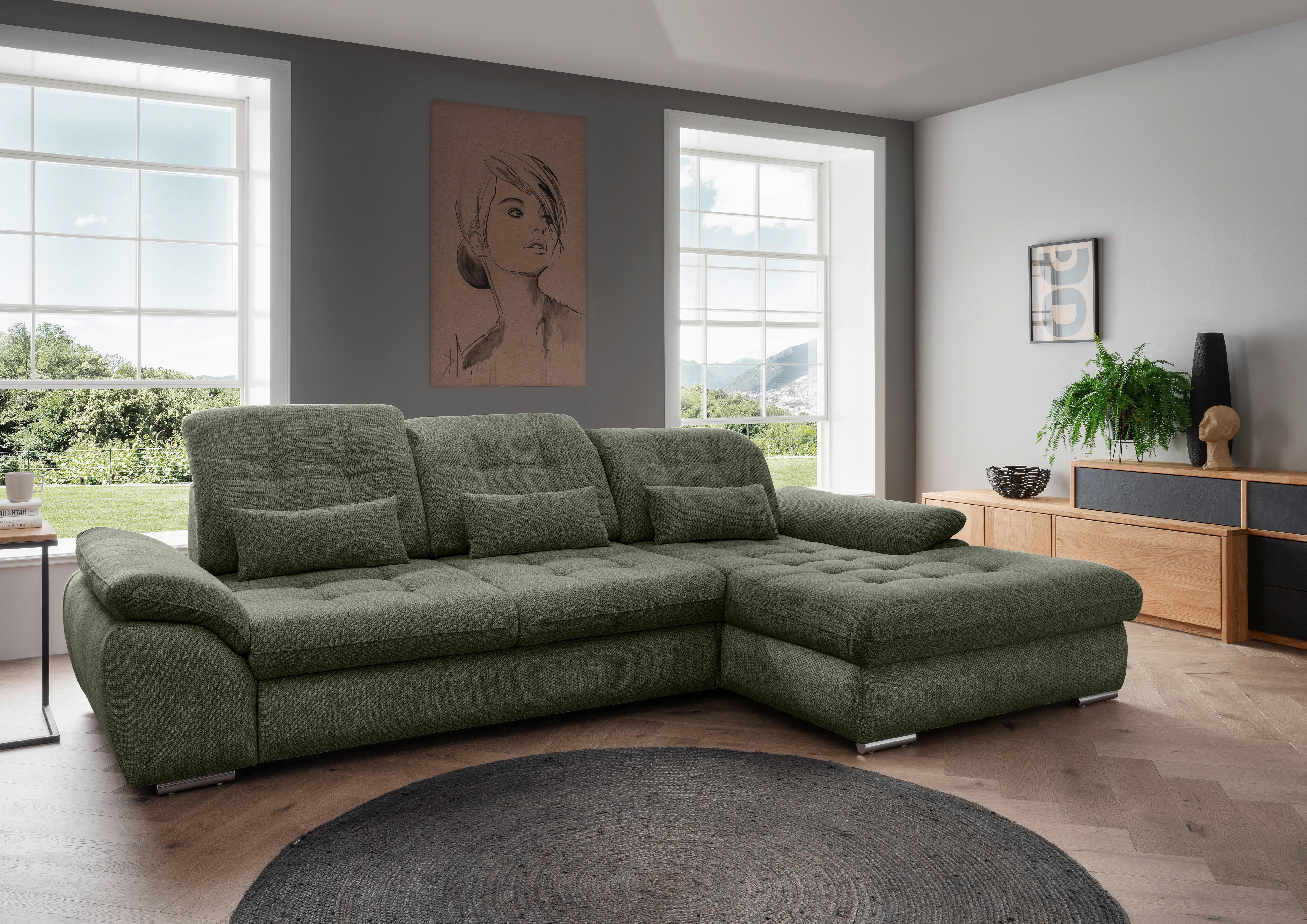 Ecksofa Rigatti Grün Chenille m. Bettkasten - Chromfarben/Grün, MODERN, Textil/Metall (314/184cm) - Livetastic