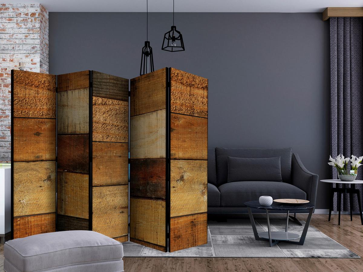 Paravan Wooden Textures I, 5-Delni, Enostranski - barve konjaka/rjava, Basics, tekstil/les (225/172/3cm) - artgeist