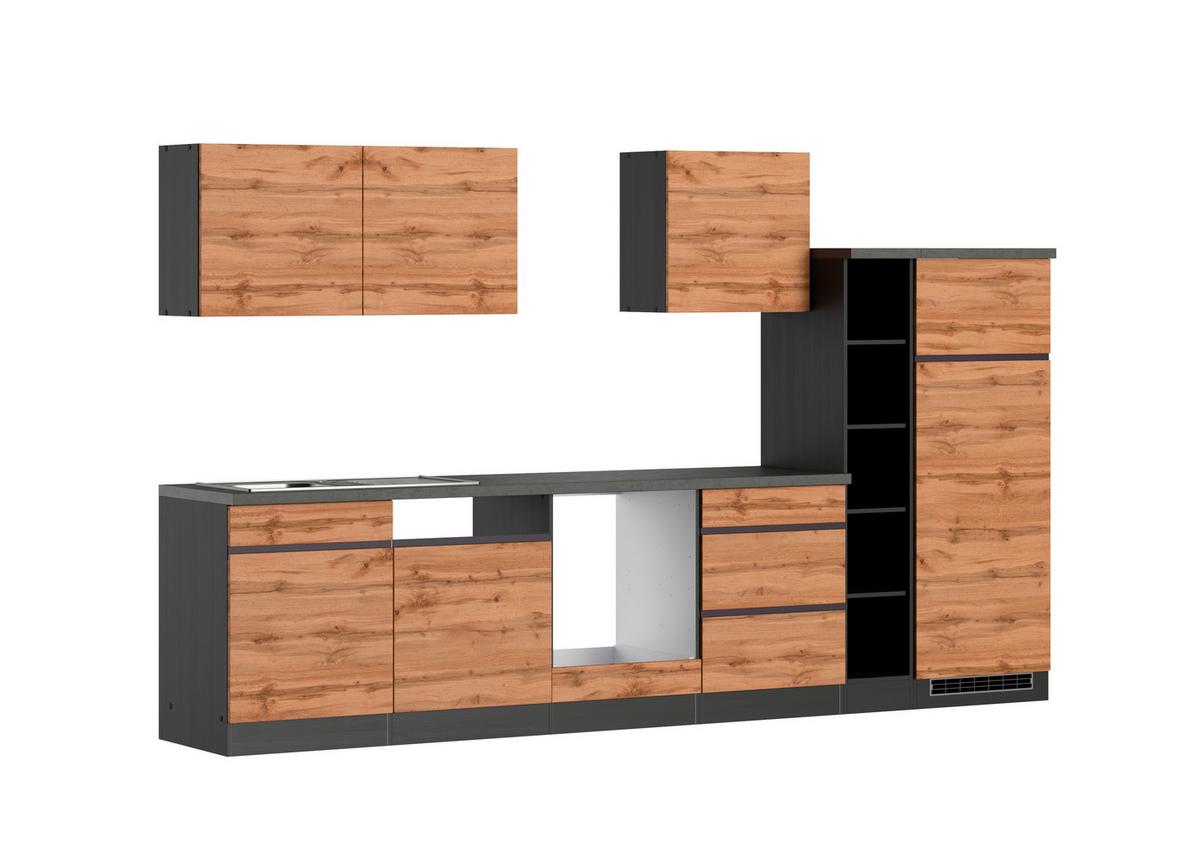 Küchenzeile Turin ohne Geräte ca. 330 cm Graphit/Eiche - Eiche Wotan, Design, Holzwerkstoff (330cm) - Held