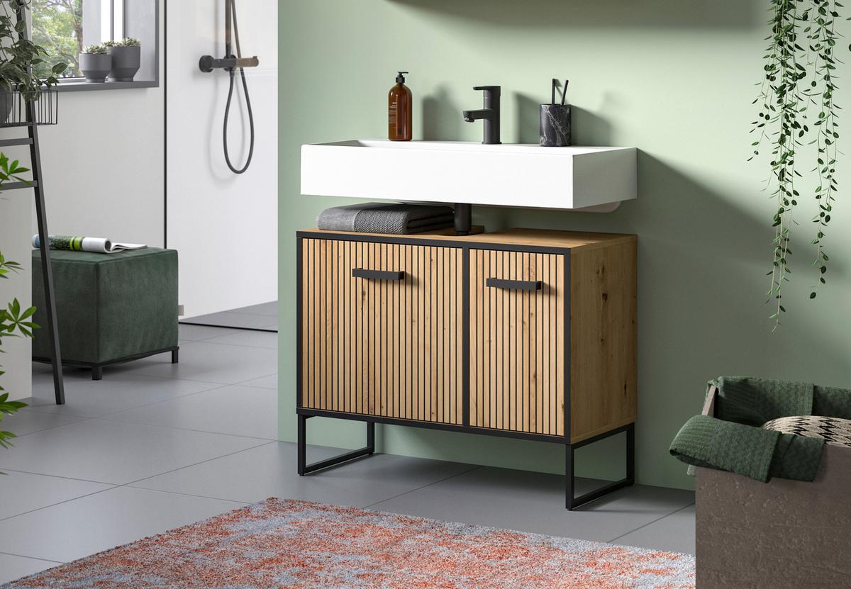 Waschbeckenunterschrank Bagno Eiche Artisan/Schwarz - Schwarz/Eiche Artisan, Trend, Holzwerkstoff/Kunststoff (80/63/36cm) - MID.YOU