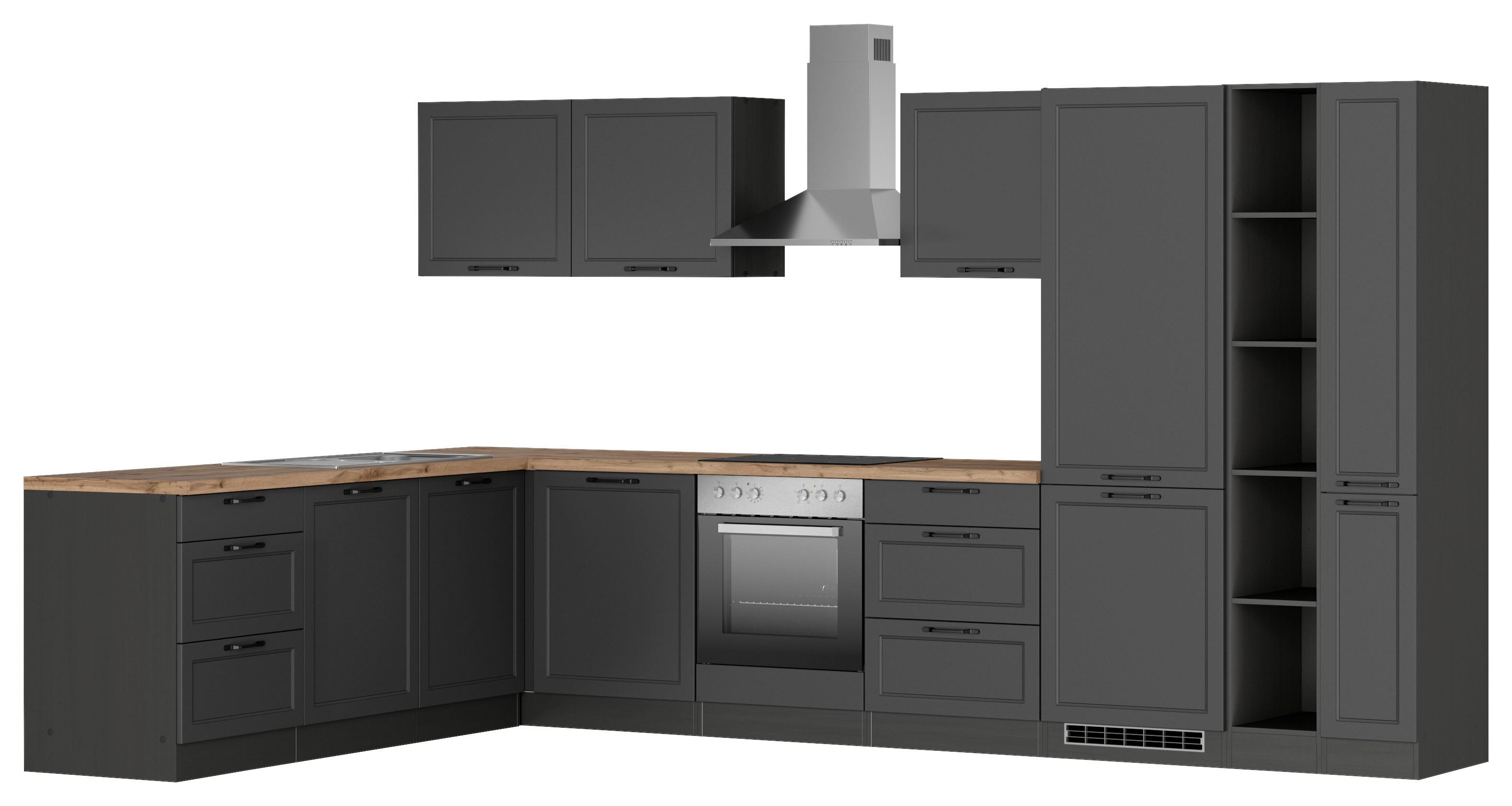Eckküche Meran mit Geräten ca. 240x360 cm Grau/Eiche - Eiche Wotan/Schwarz, LIFESTYLE, Holzwerkstoff/Metall (240/360cm) - Held
