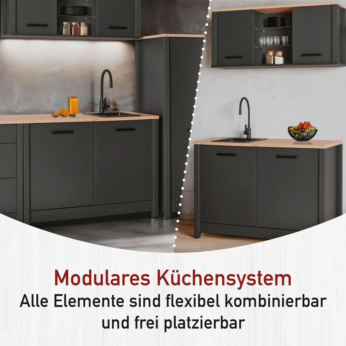 Küchenleerblock Bundle 8 o. Geräte Anthrazit - Anthrazit/Schwarz, MODERN, Glas/Holzwerkstoff (430cm) - home24
