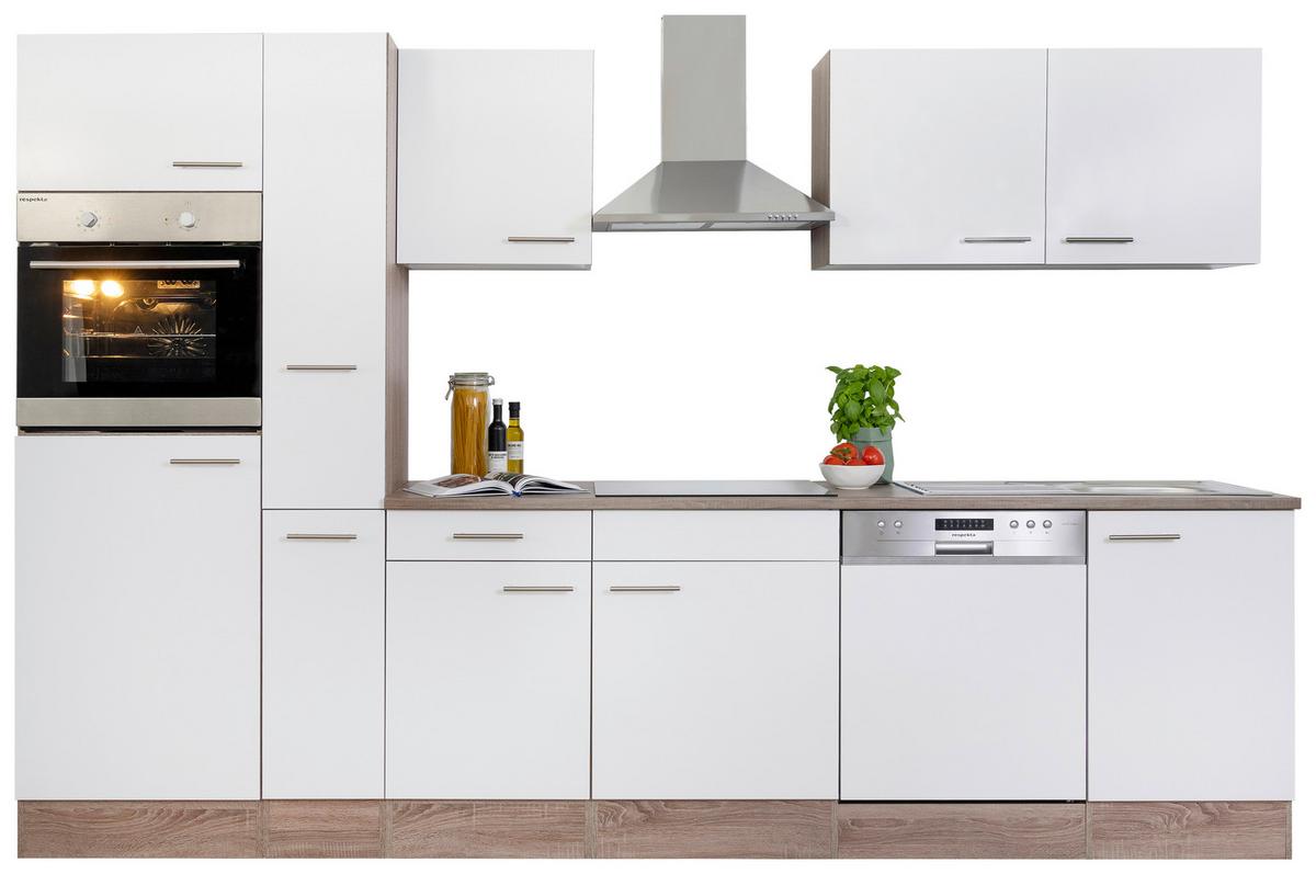 Küchenzeile Economy o. Geräte Weiß/Eiche B: ca. 310 cm - Edelstahlfarben/Eichefarben, Basics, Holzwerkstoff/Metall (310/205/60cm) - Respekta