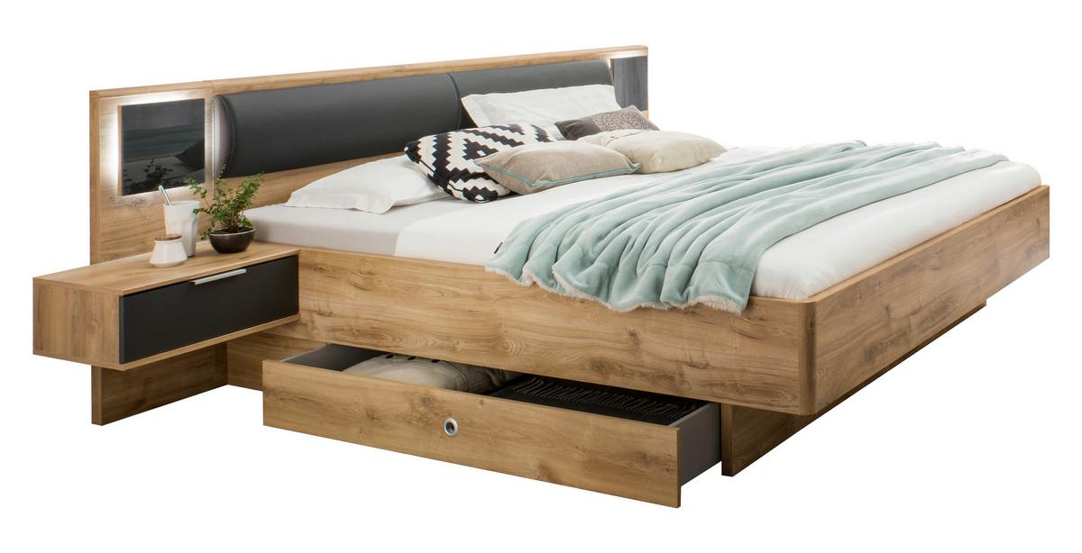 Ágykeret Éjjeliszekrénnyel Valencia - grafitszürke/tölgyfa színű, Modern, faalapú anyag (289/92/210cm)