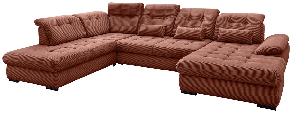 Wohnlandschaft Rigatti Koralle Cord mit Bettkasten - Koralle/Schwarz, MODERN, Textil/Metall (252/387/184cm) - Livetastic