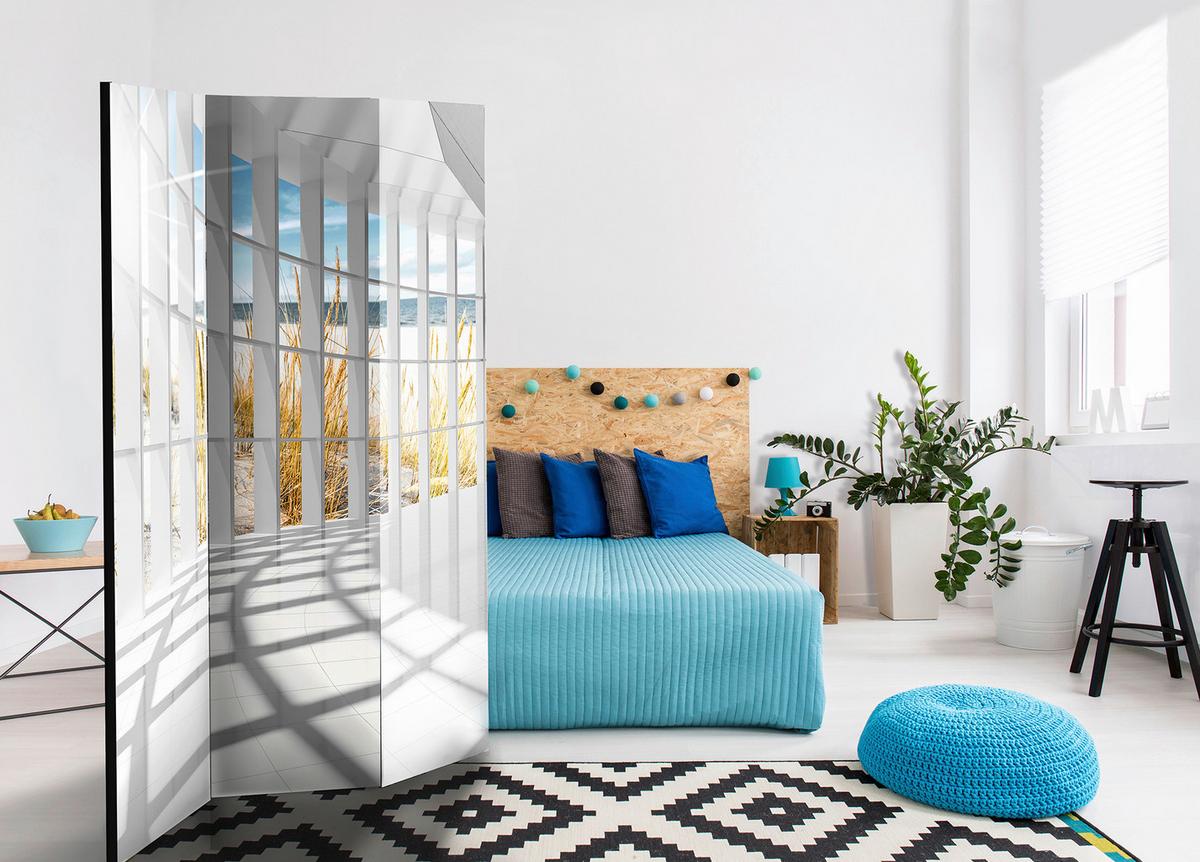 Paravan Seaside Bastion, 3-Delni, Dvostranski - bež/sivobela, Basics, tekstil/les (135/172/3cm) - artgeist