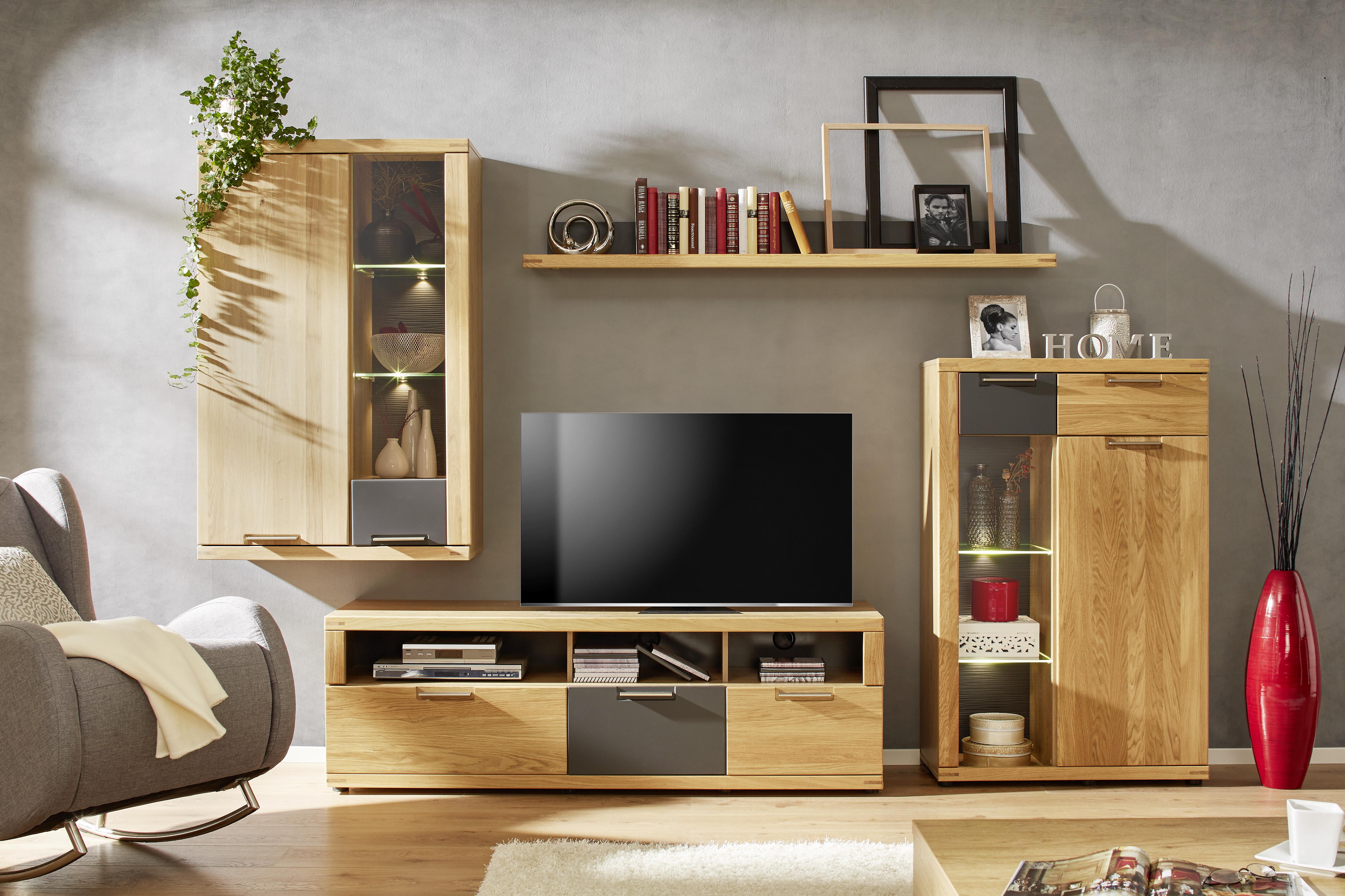 TV-Element aus Wildeiche Massiv - Eichefarben/Graphitfarben, KONVENTIONELL, Holz/Holzwerkstoff (160/52/48cm) - Zandiara