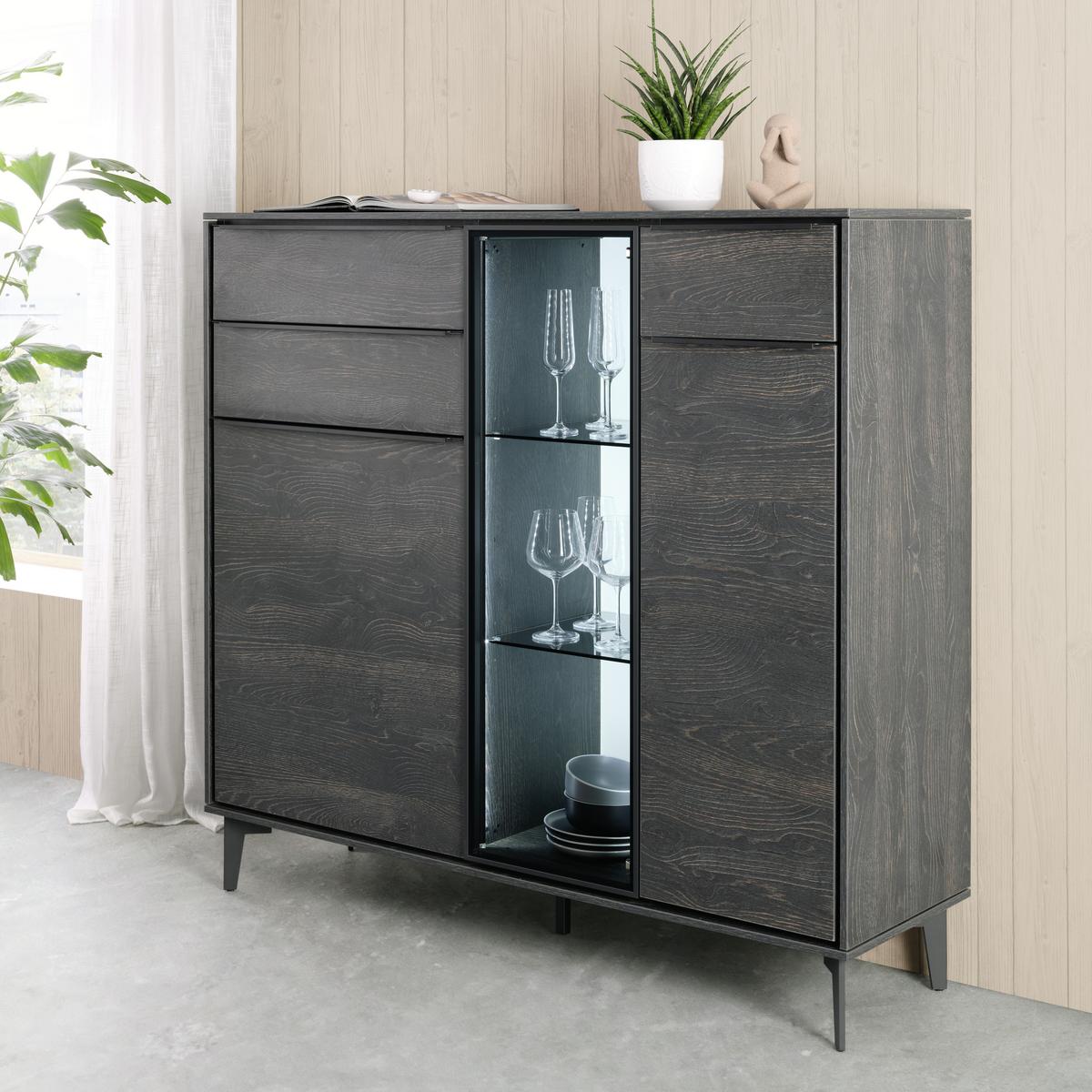 Highboard in Anthrazit. - Anthrazit/Schwarz, Modern, Glas/Holzwerkstoff (133/123/40cm) - Premium Living