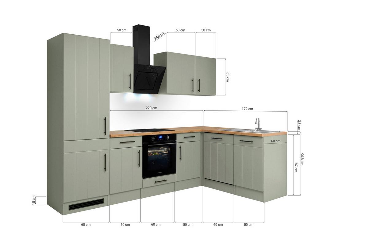 Eckküche Anton m. Geräten ca. 280x172cm Eiche/Schilfgrün - Schilfgrün/Wildeiche, Trend, Holzwerkstoff/Metall (280/172cm) - Respekta